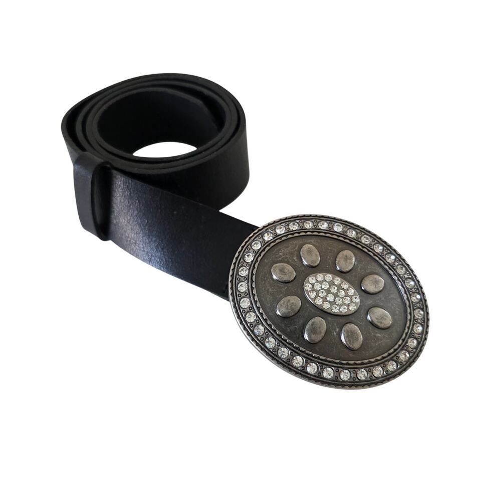 Landes Black Leather Belt with Oval Concho Rhinestone Buckle Size Small Canada